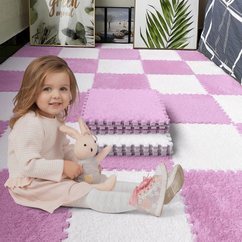 JADERLU 16pcs 0.6" Thickened Interlocking Tile Mats,Fluffy Shaggy Soft EVA Foam Area Rug for Living Room & Bedroom,Non-Slip Protective Floor Carpet Play Mat Kids Baby Dorm Home Decor (11.8ft, Pink) - Image 4